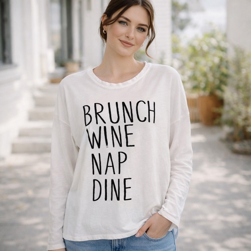 Nation LTD Brunch Wine Nap Dine Graphic Long Sleeve Tee White‎ Small